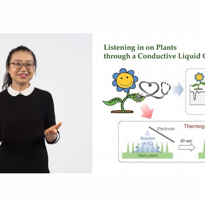 A still photo of Nanyang Technological University Singapore’s Yifei Luo presenting her winning 3MT ‘Listening in on Plants through a Conductive Liquid Glue’.